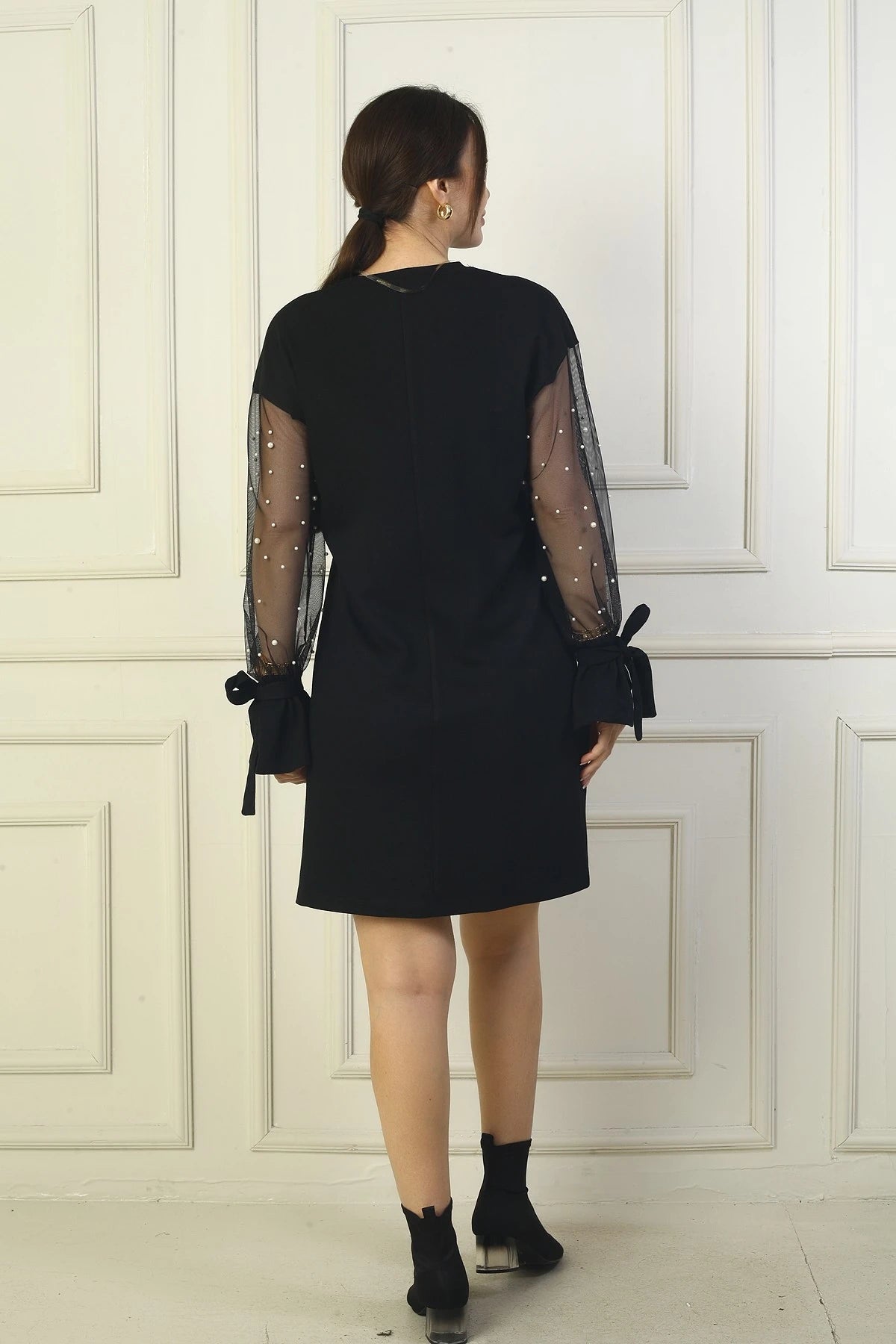 Image of Women's Round Neck Short Dress with Pearl Details and Tulle Sleeves