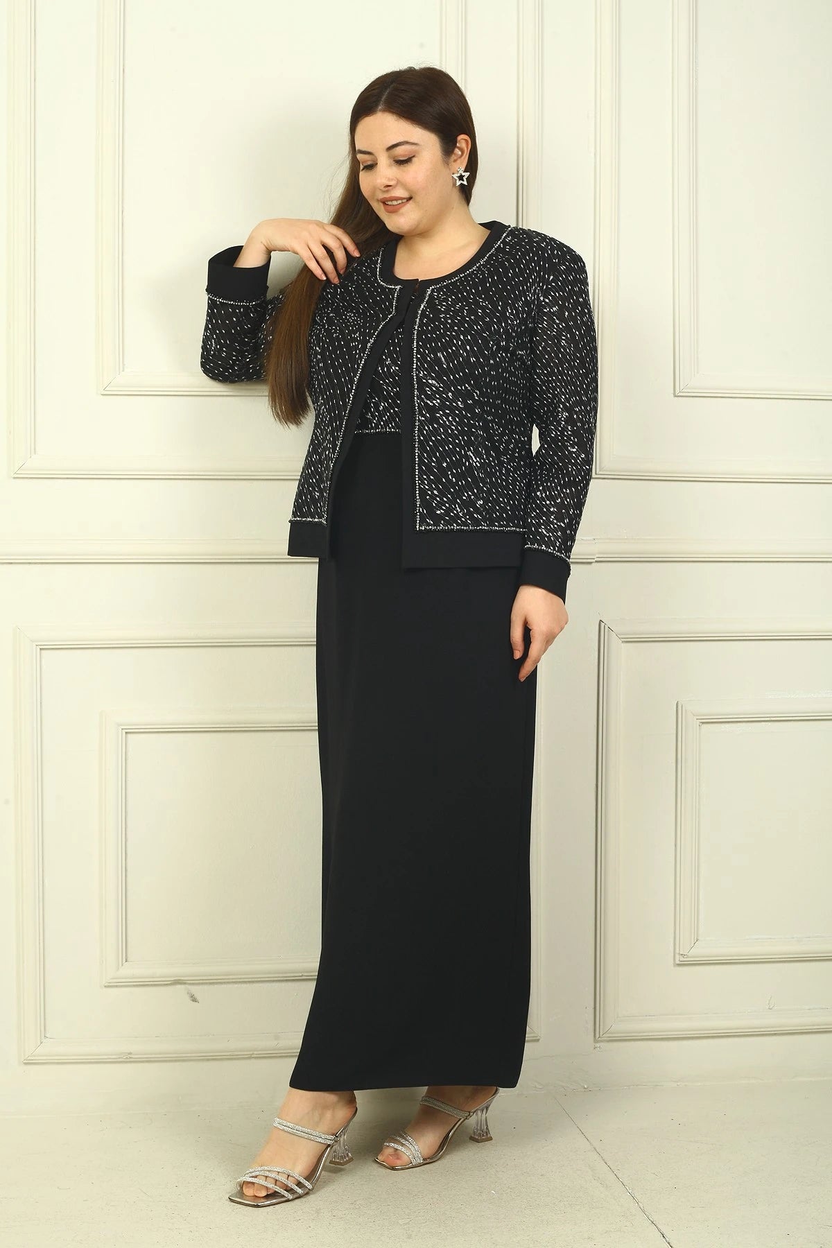 Image of Women's Beaded and Sequin Embellished Tulle Jacket, Half-Moon Sleeve Long Dress, Lined, Plus Size Two-Piece Set