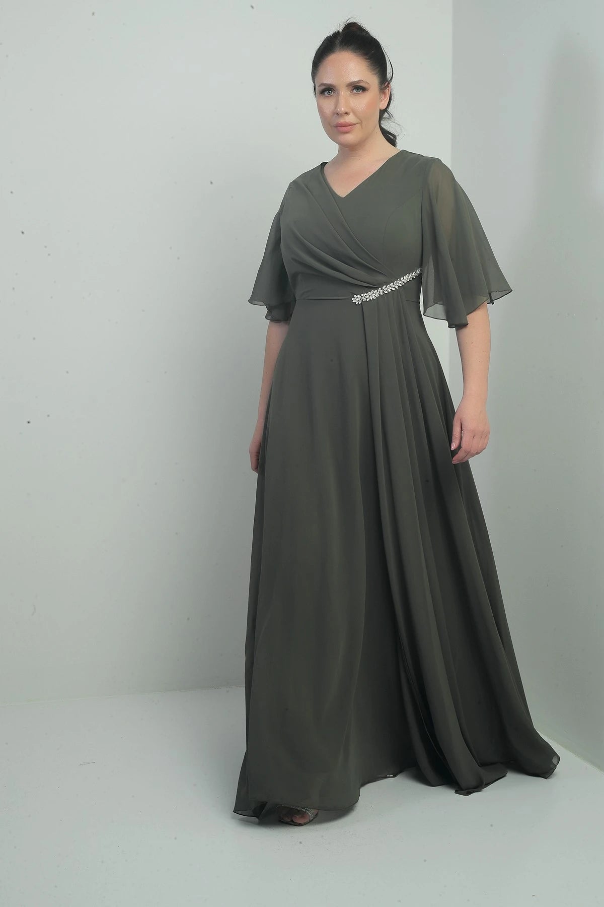 Image of Women's V-Neck, Waistband with Stone Embellishment, Draped, Lined, Plus Size Long Chiffon Dress