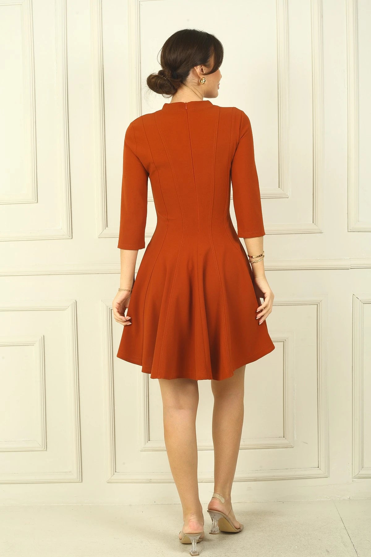 Image of Women's Round Neck, Back Zipper, Flared Skirt, Half Sleeve Dress
