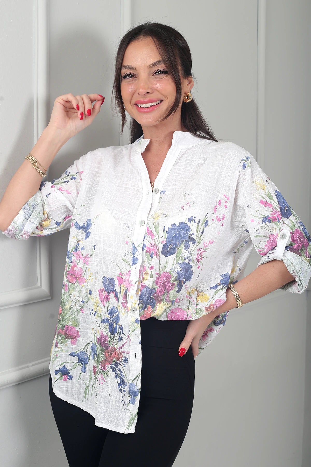 Image of Kadın Çiçek Desenli İtalyan Cotton Oversize Gömlek