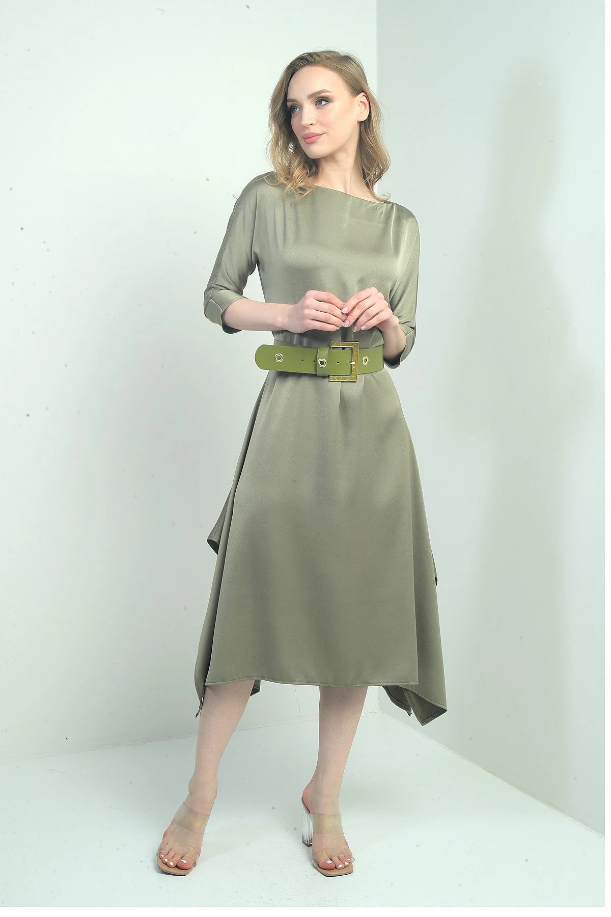 Image of Women's Quarter Sleeve Asymmetrical Crepe Satin Midi Dress with Belted Waist