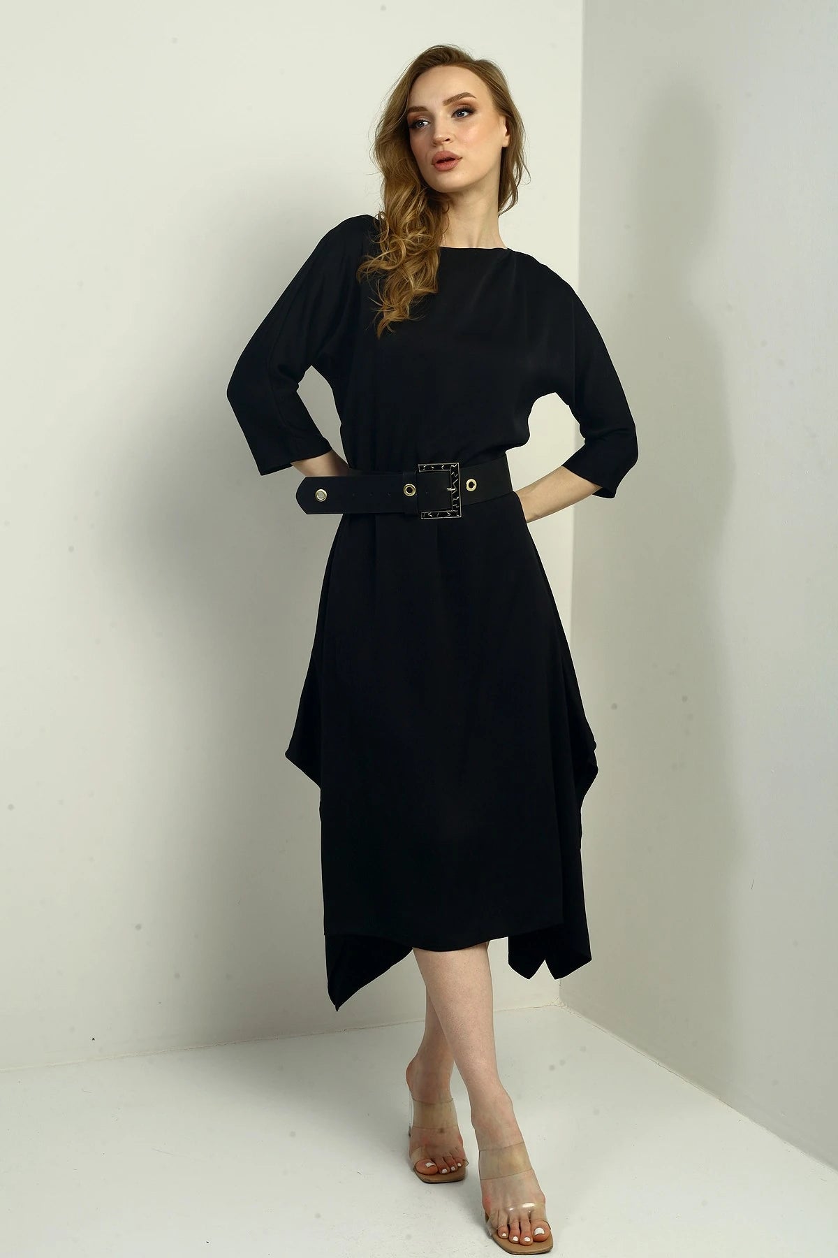 Image of Women's Quarter Sleeve Asymmetrical Crepe Satin Midi Dress with Belted Waist