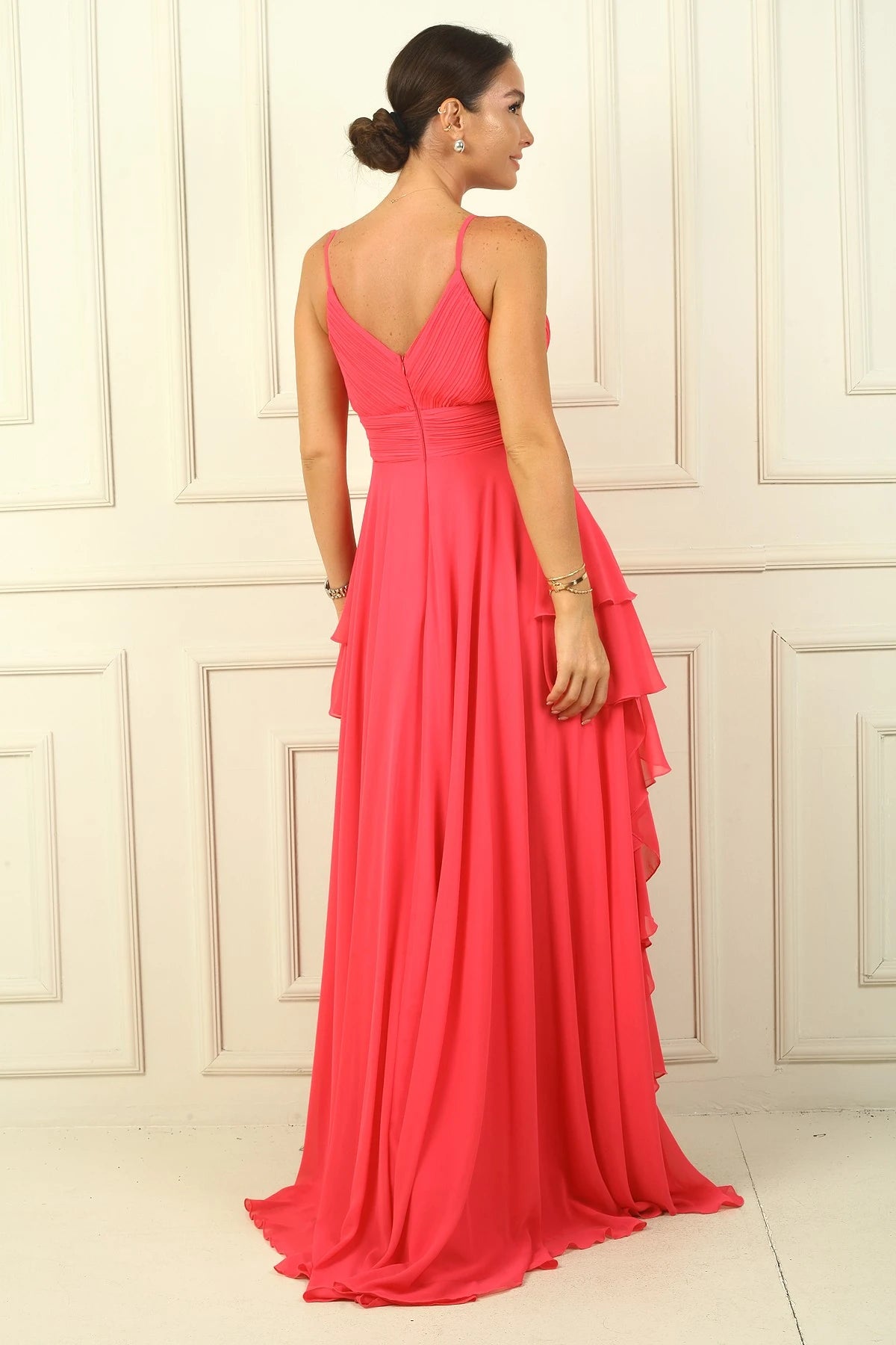 Image of Women's Strappy, Side Slit, Lined, Ruffled Chiffon Long Dress