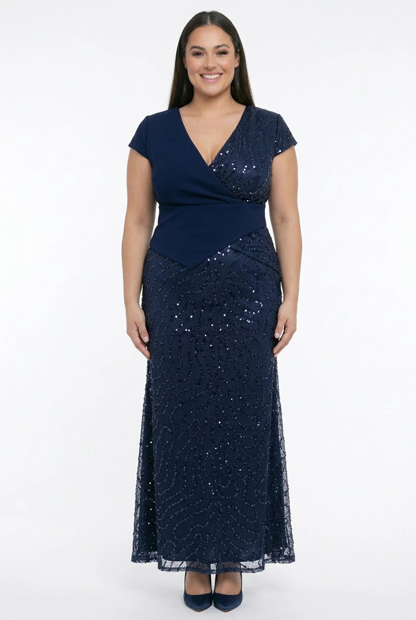 Image of Women's Vest-Style Half-Moon Sleeved Lined Sequined and Beaded Plus Size Long Dress