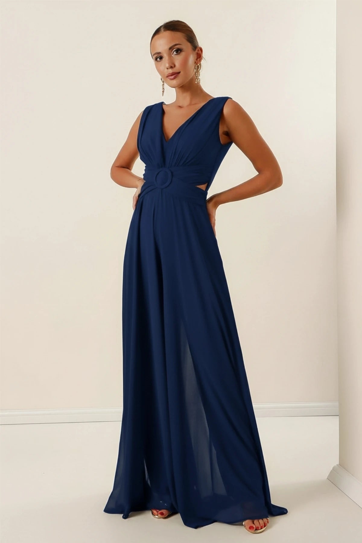 Image of Waist-detailed, front and back V-neck, lined chiffon jumpsuit.