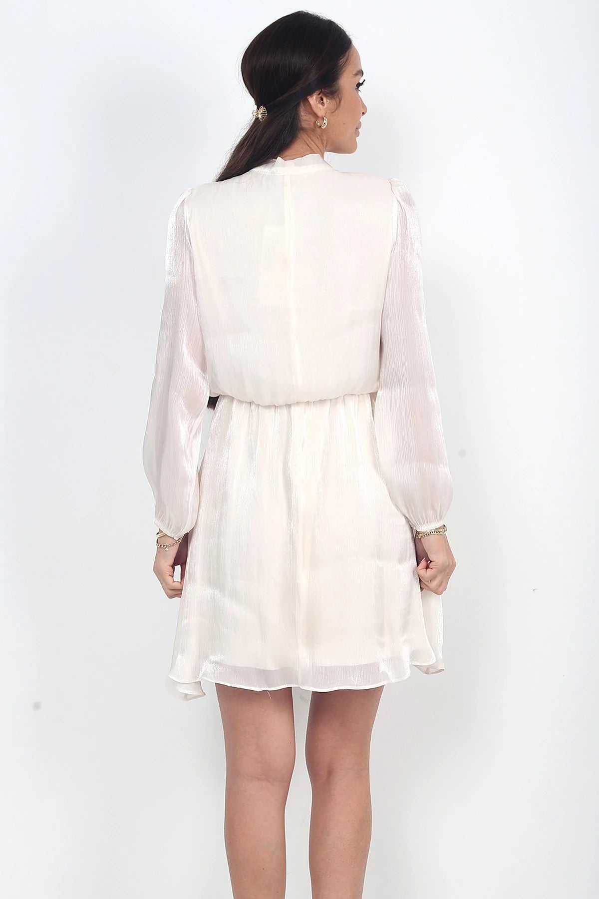 Image of Women's Short Dress with Lace-Up Collar, Lined, and Elastic Waist, Made of Chiffon and Satin.