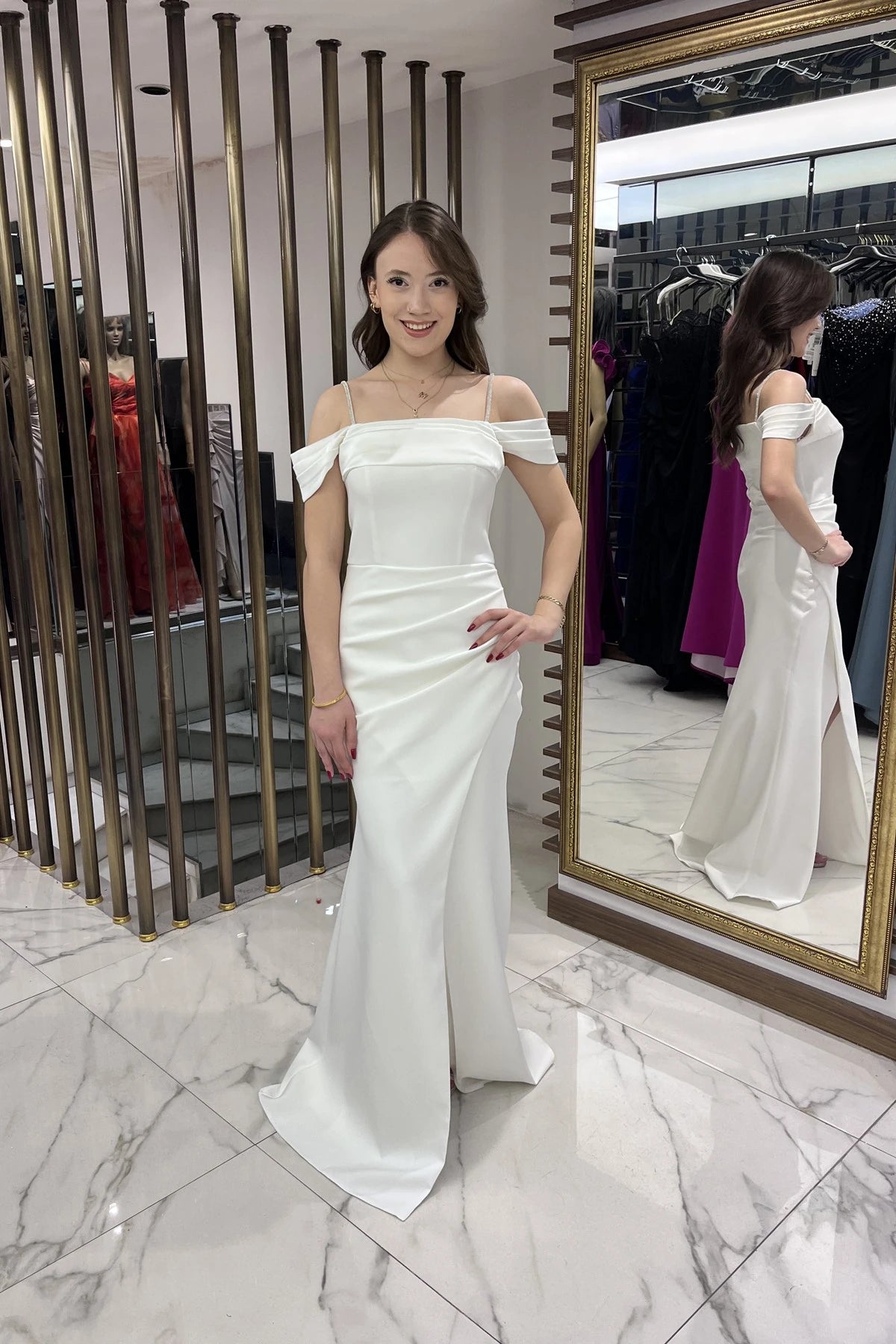 Image of Women's Embellished Thin Strap, Dropped Sleeve Satin Madonna Neckline Lined Draped Double Fishtail Dress