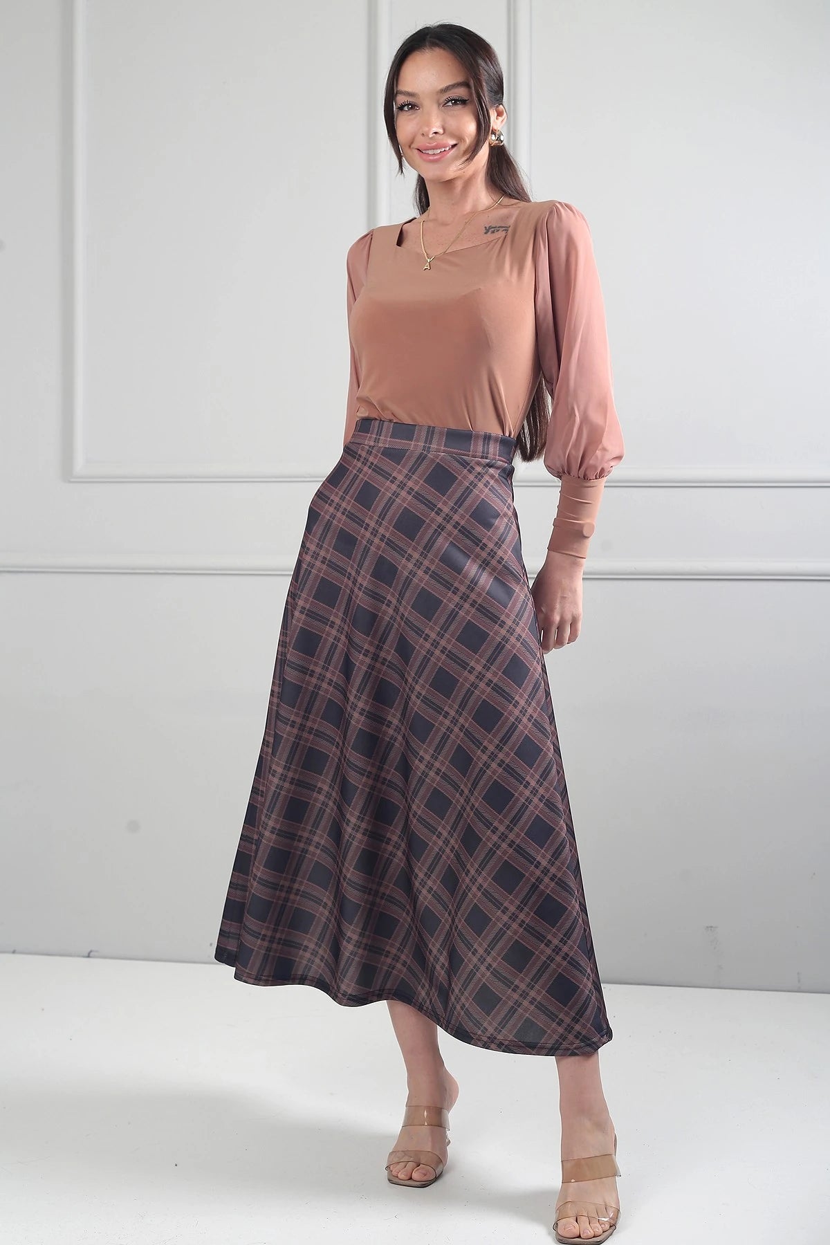 Image of Women's Elastic Waist Plaid Viscose Satin Lycra Long Skirt