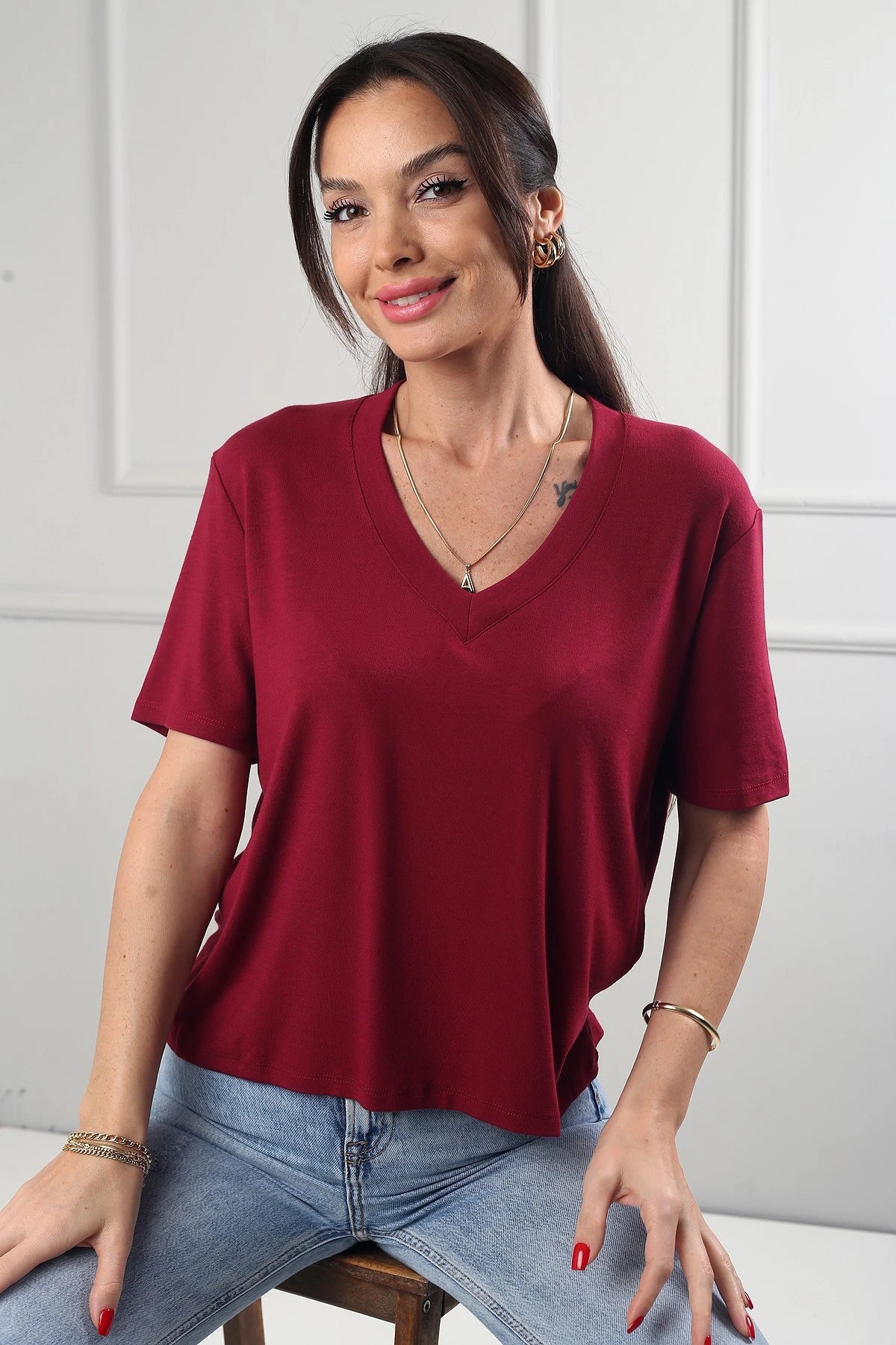 Image of Women's Interlock V-Neck Lycra Loose-Fitting Blouse