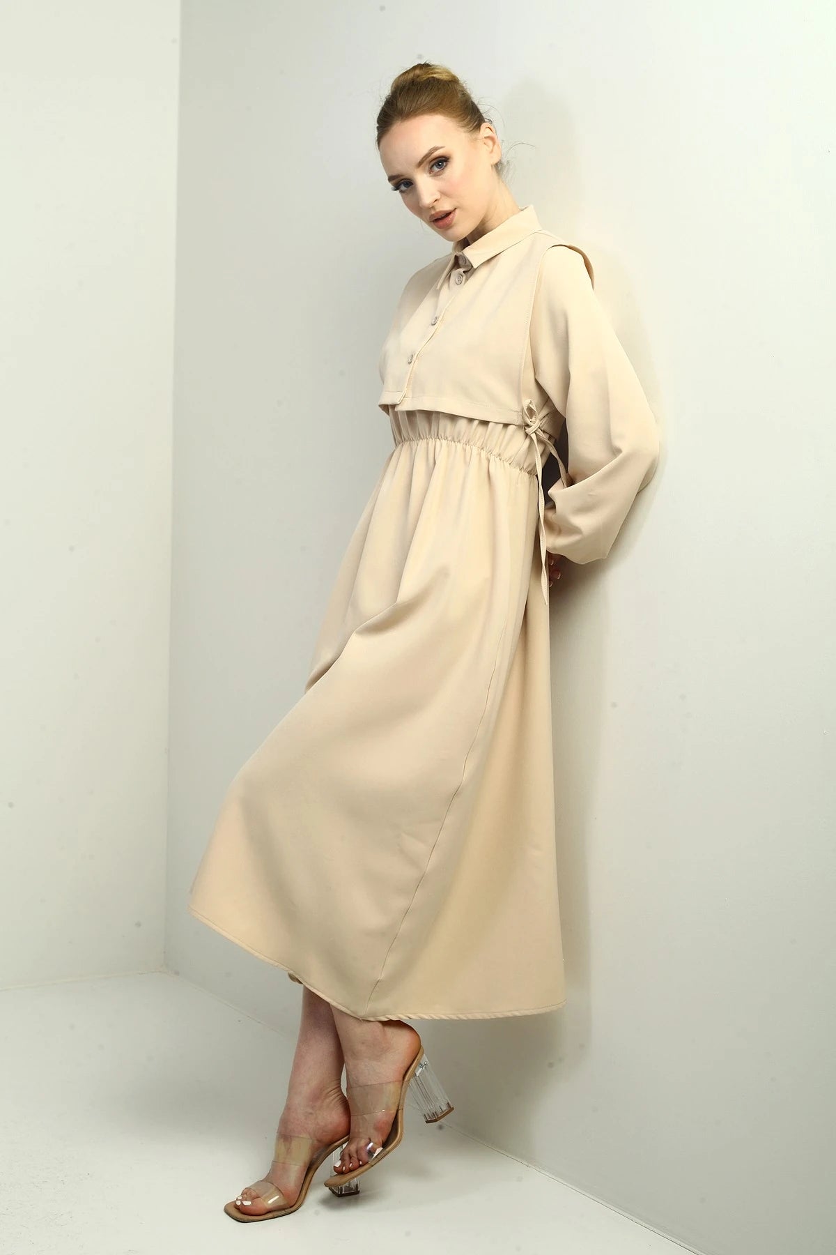 Image of Women's Button-Down Detachable Vest, Elastic Waist, Long-Sleeved Midi Dress