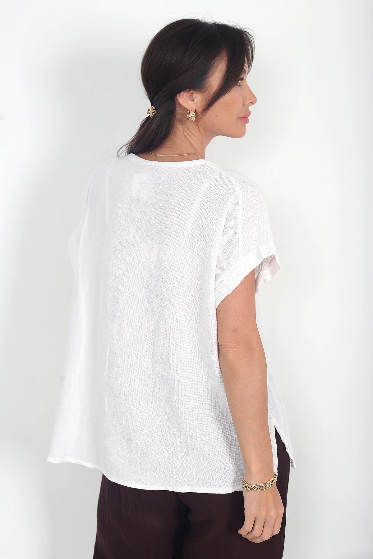 Image of Kadın İtalyan Cotton V Yaka Örgü Dantel Tek Cepli Oversize Keten Bluz