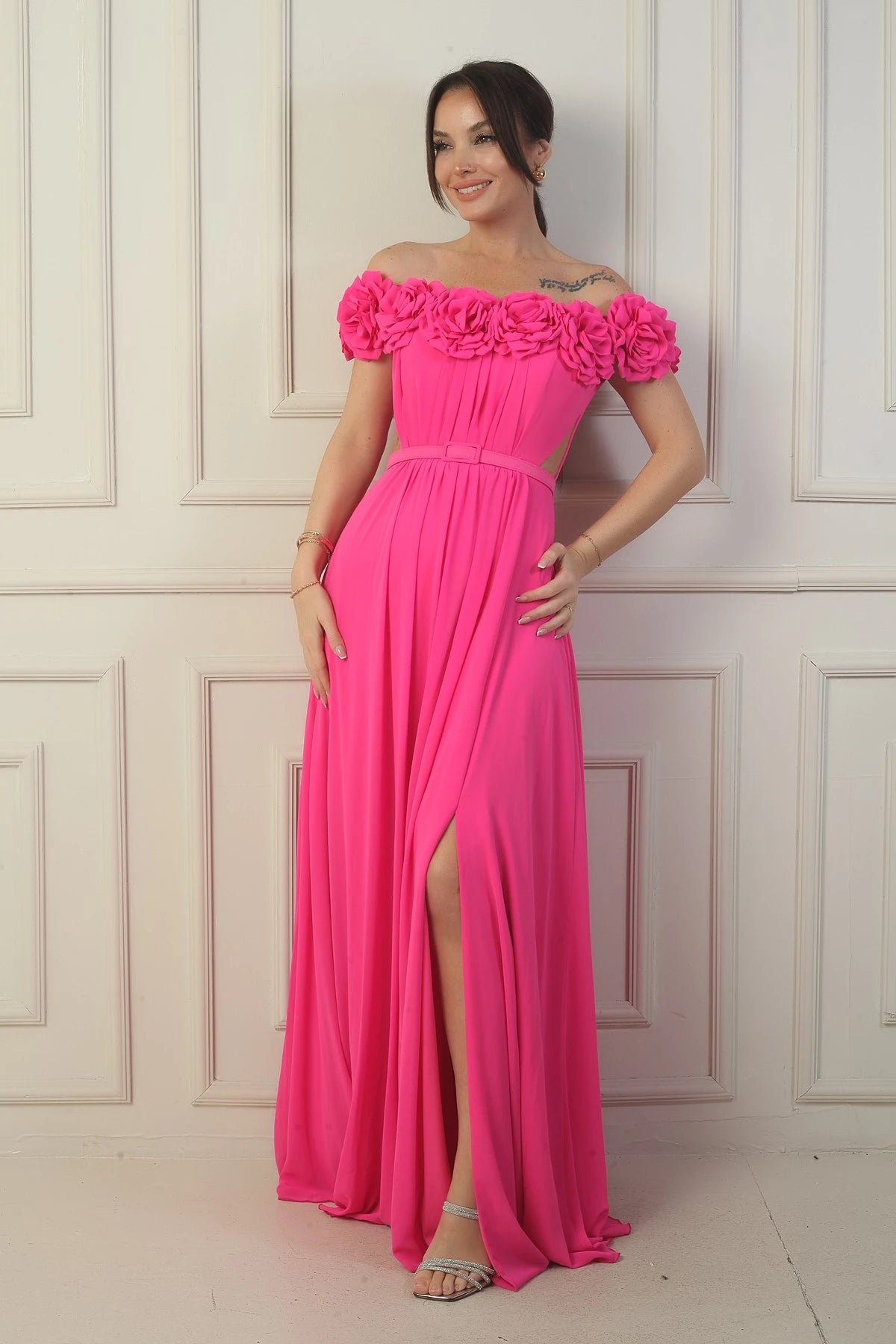 Image of Women's Long Chiffon Dress with Laser-Cut Floral Neckline and Lining, Belted Waist
