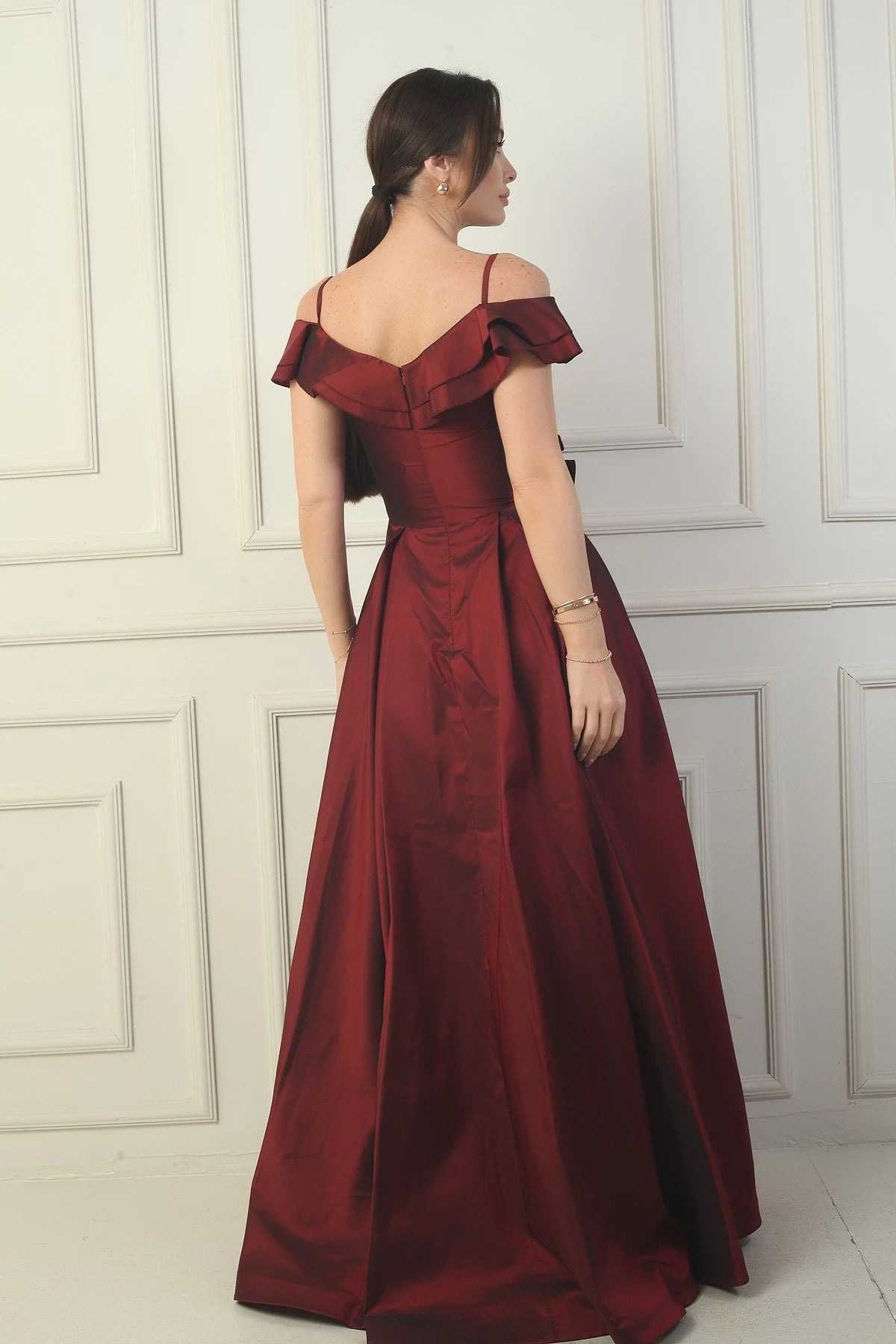 Image of Women's Strappy Boat Neck Long Taffeta Evening Dress with Rose Detail, Lined, and Pockets