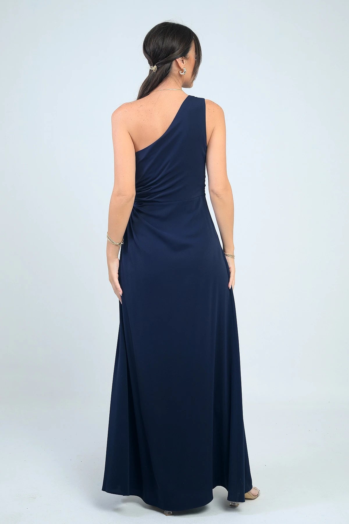 Image of Women's One-Shoulder Long Crepe Satin Dress with Side Window Detail