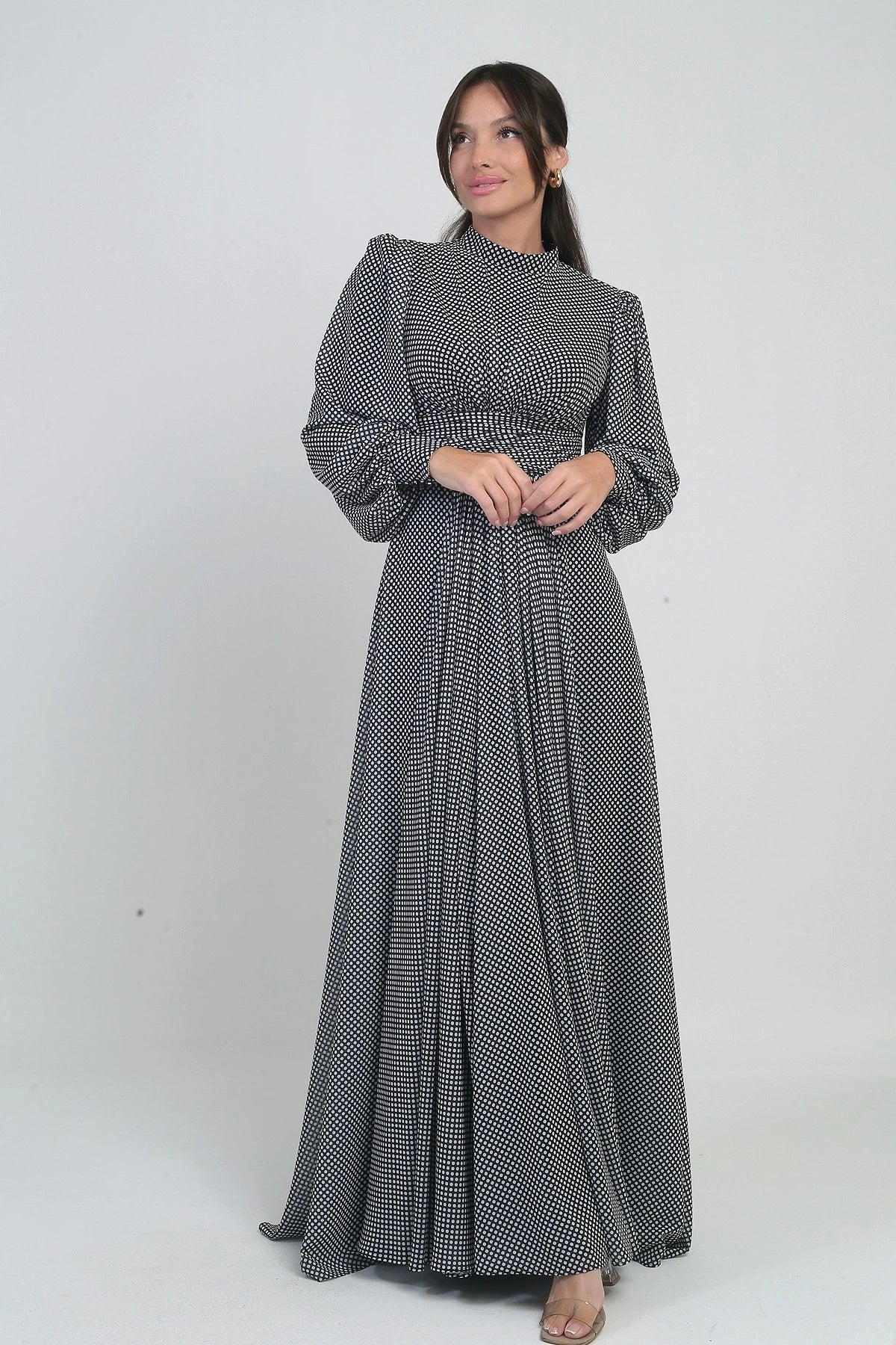Image of Women's Long Chiffon Dress with Draped Front and Polka Dot Pattern.