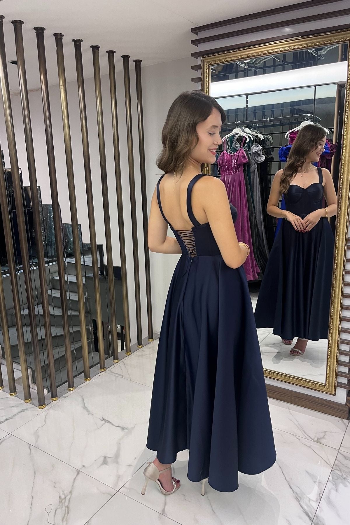 Image of Women's Strappy Back Lace-up Corset Satin Flared Midi Dress