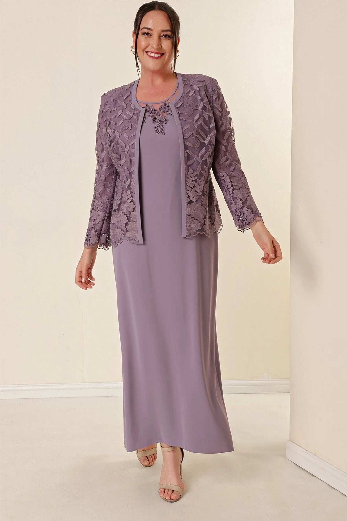Image of Beaded and Lace Lined Dress and Jacket Set, Plus Size, Two-Piece