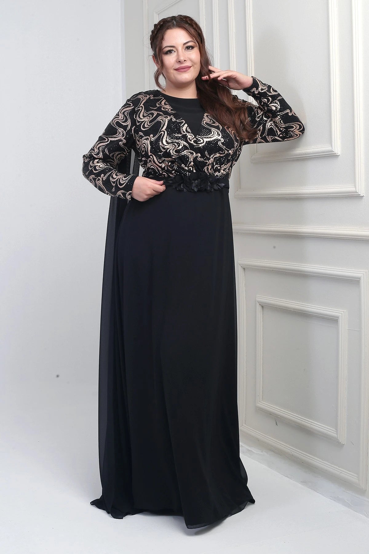 Image of Women's Wrap-Neck Style Sequined Lined Chiffon Long BB Dress