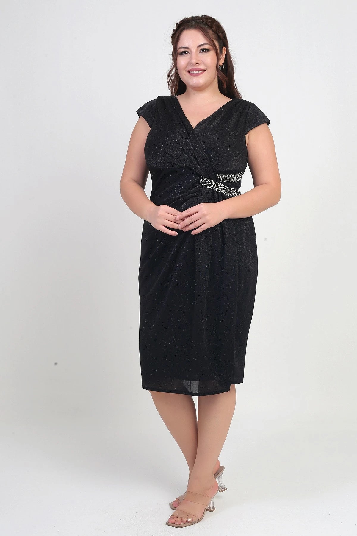 Image of Women's Wrap Neckline Double Stone Detail Lined Half-Moon Sleeved Lycra Plus Size Glitter Dress
