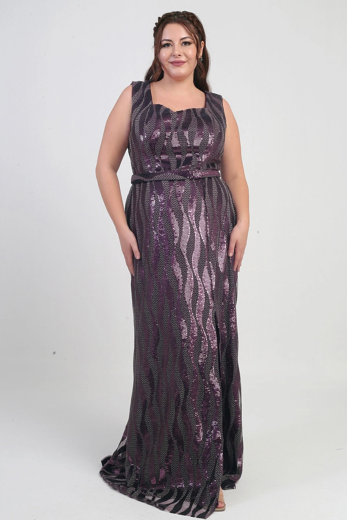 Image of Women's Square Neck Lined Sequin Plus Size Long Dress