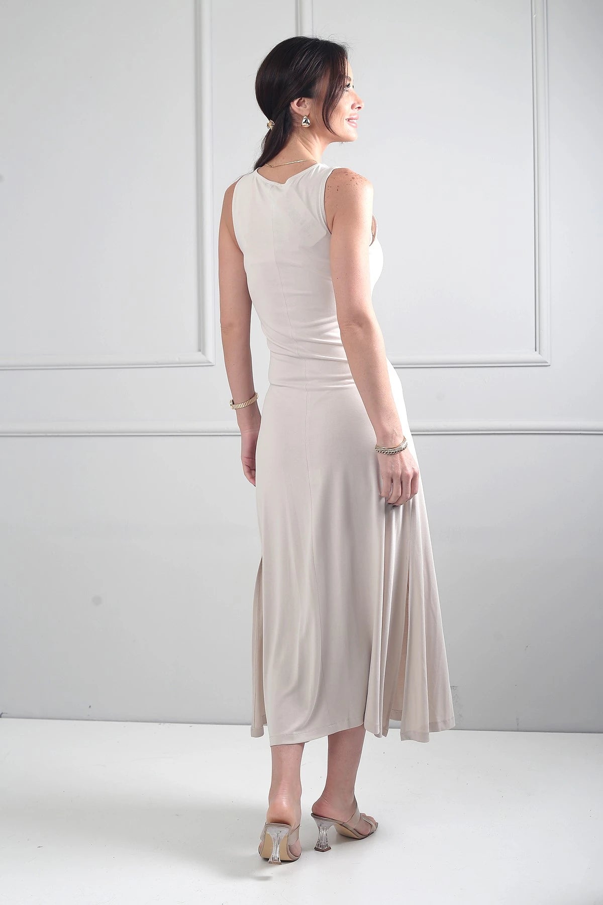 Image of Women's Round Neck Long Dress with Side Slits and Lycra Fabric
