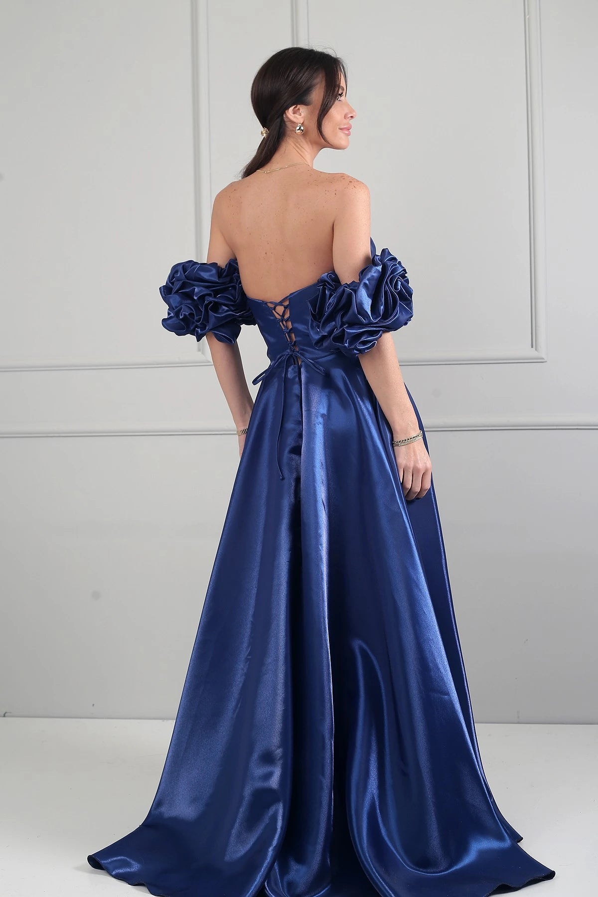 Image of Women's Strapless Balloon Sleeve Lined Long Satin Dress with Stone Embellishments