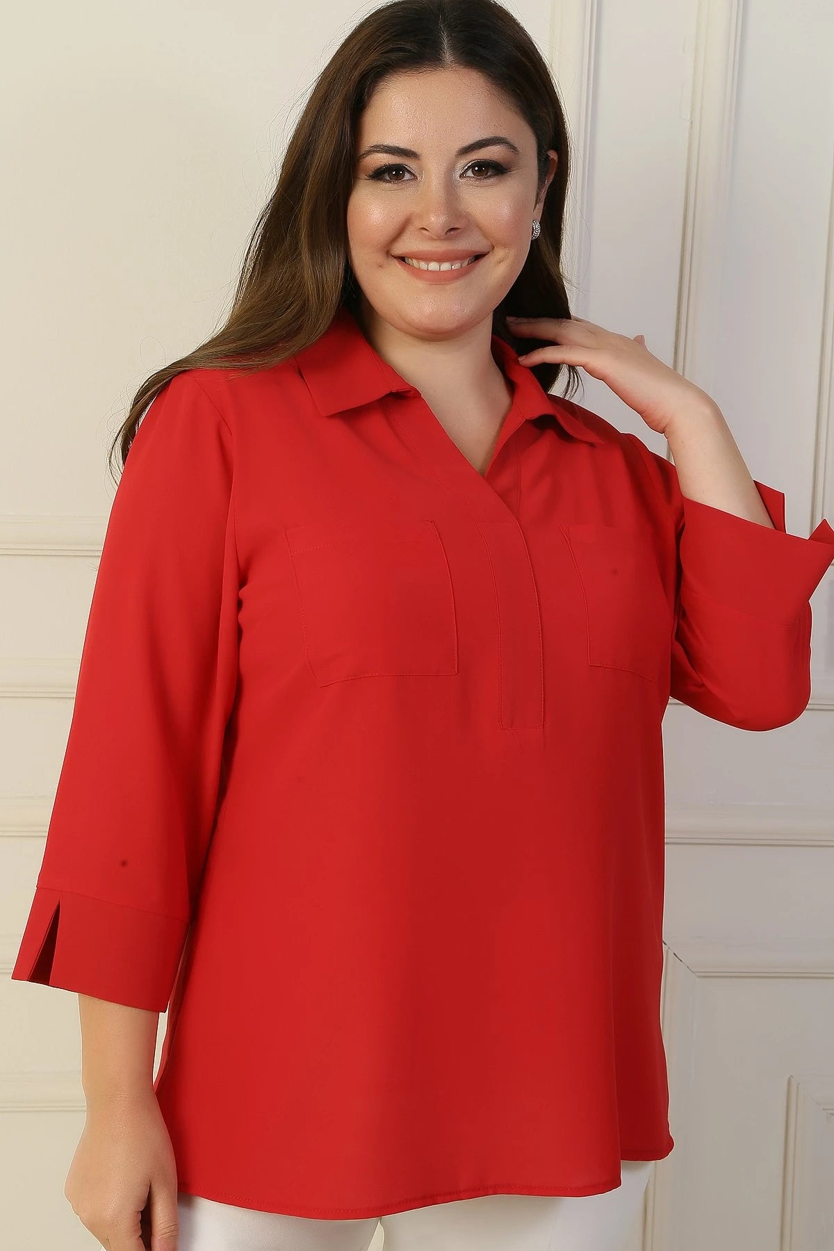 Image of Polo Collar Pocketed Quarter Sleeve BB Blouse