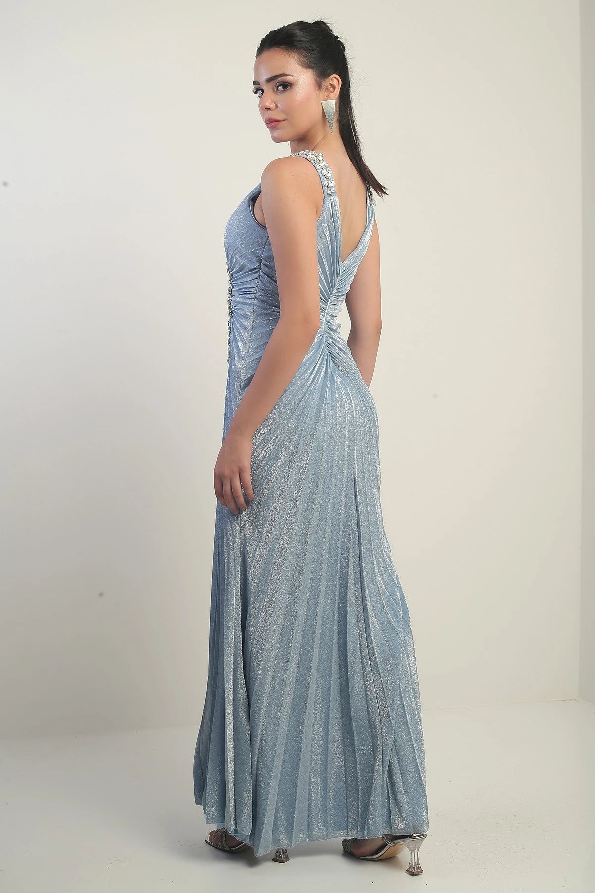 Image of Women's Wrap Neckline Long Evening Dress with Thick Shoulder Stone Detail, Stone Embellished Front, Gathered, and Slit