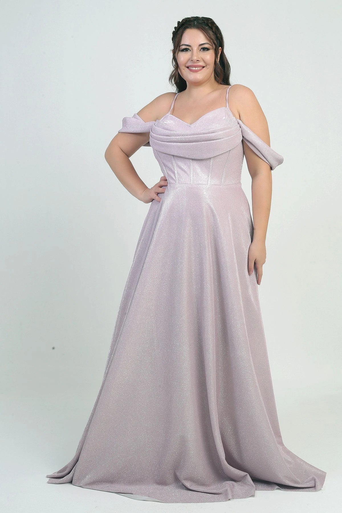 Image of Women's Strappy, Back Lace-Up, Bust Draped, Lined, Underwired, Plus Size Glitter Dress