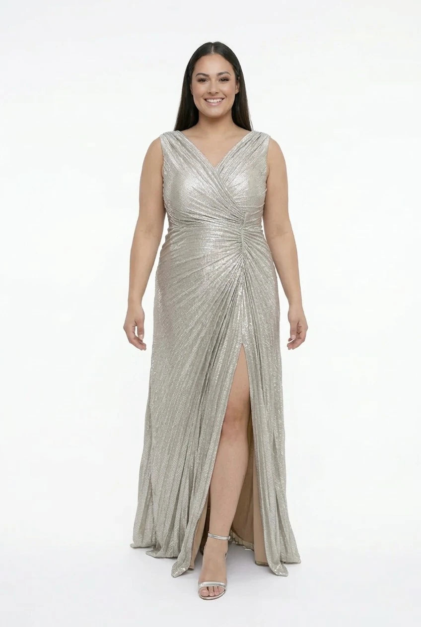 Image of Women's Front and Back V-Neck Ekol Fabric Pleated Series Stone Embellished Lined Plus Size Long Dress