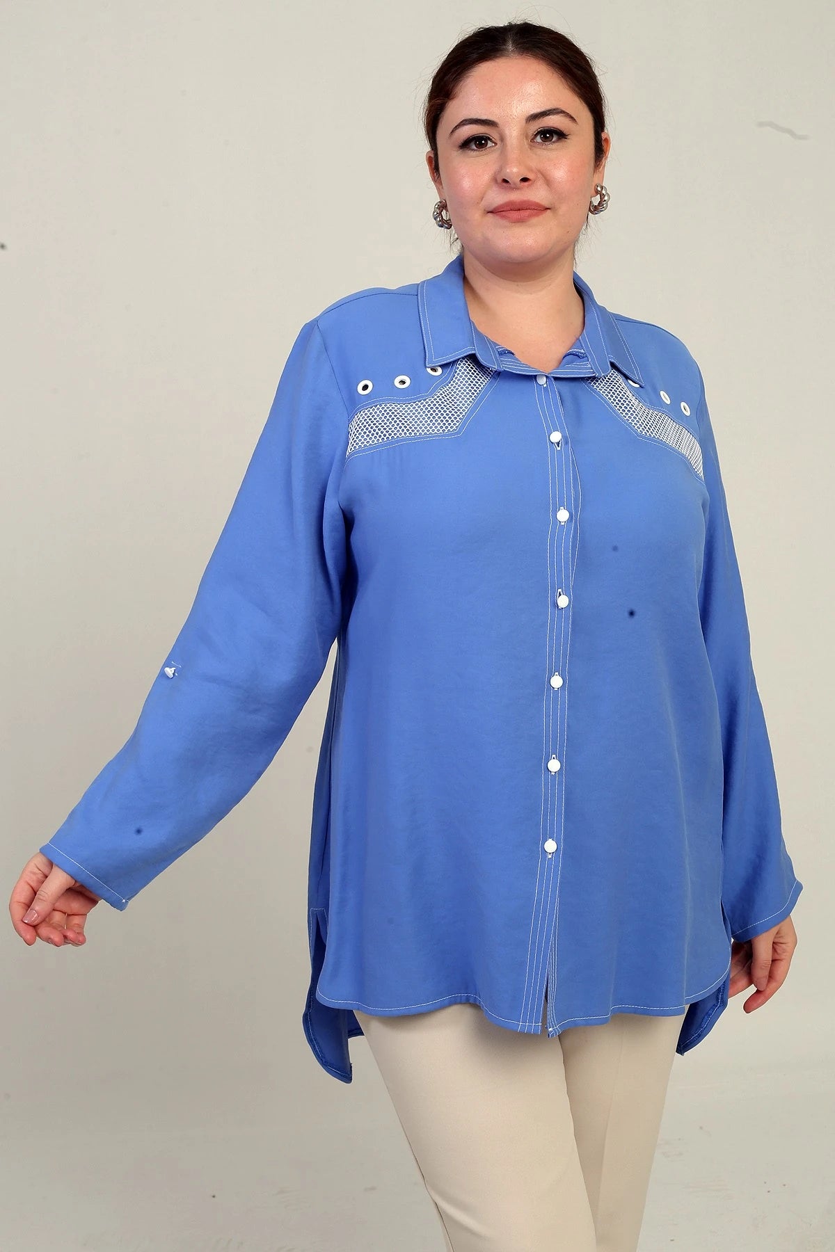 Image of Women's Eyelet Mesh Plus Size Long Shirt with Folded Sleeves