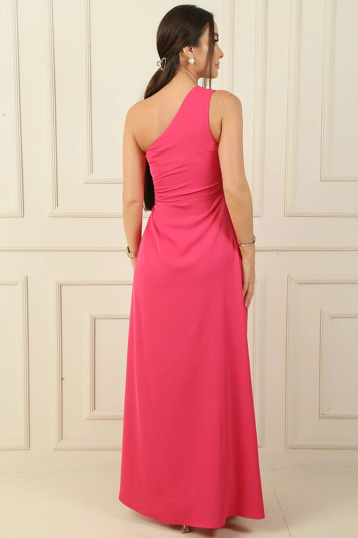 Image of Women's One-Shoulder Long Crepe Satin Dress with Side Window Detail