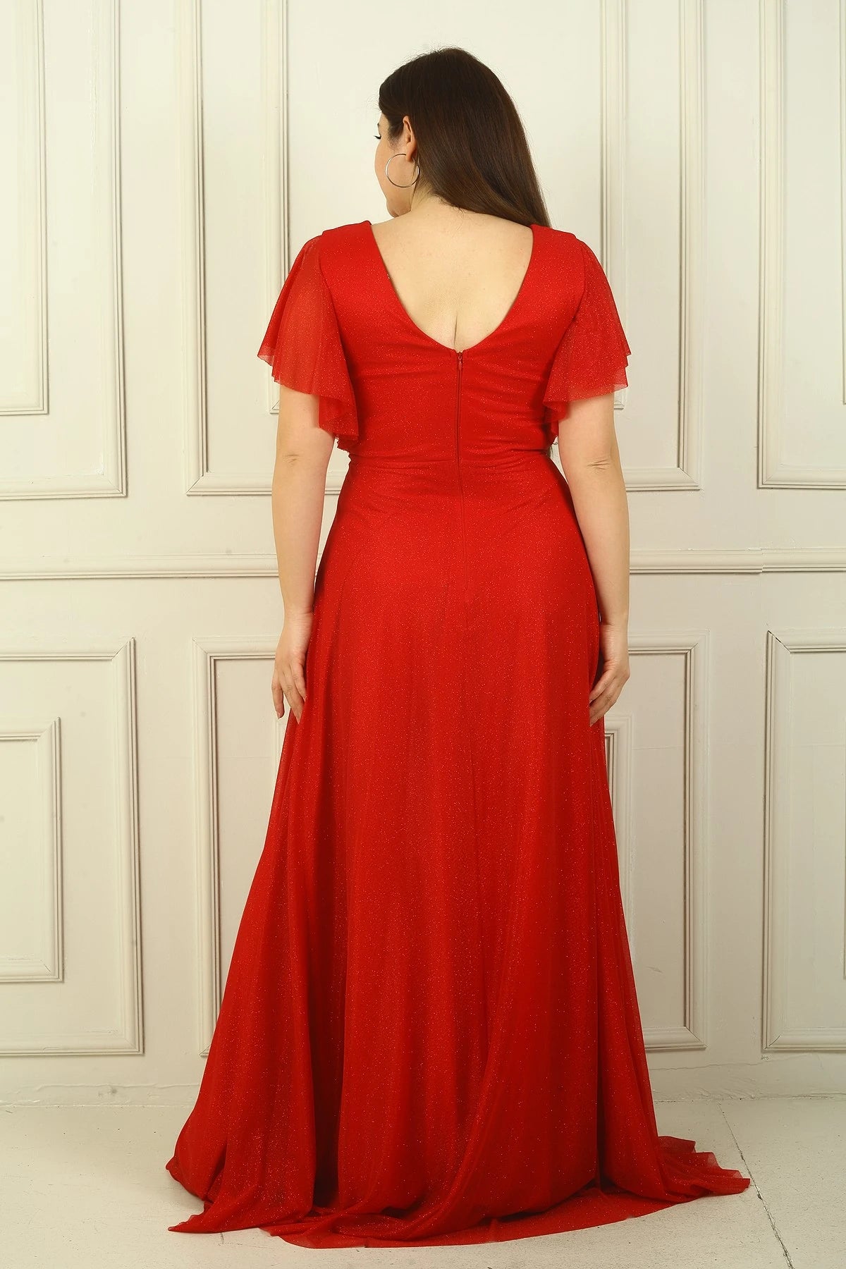 Image of Women's Front and Back V-Neck Waist Embellished, Lined, Glittery Plus Size Evening Dress