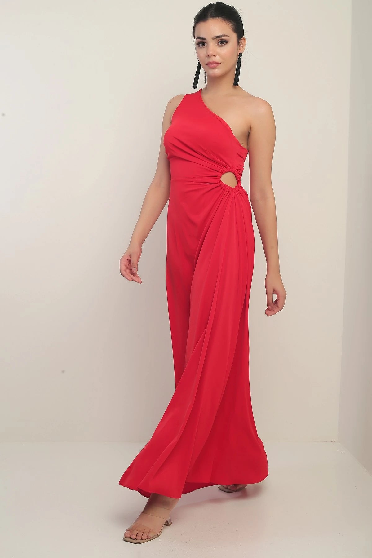 Image of Women's One-Shoulder Long Crepe Satin Dress with Side Window Detail