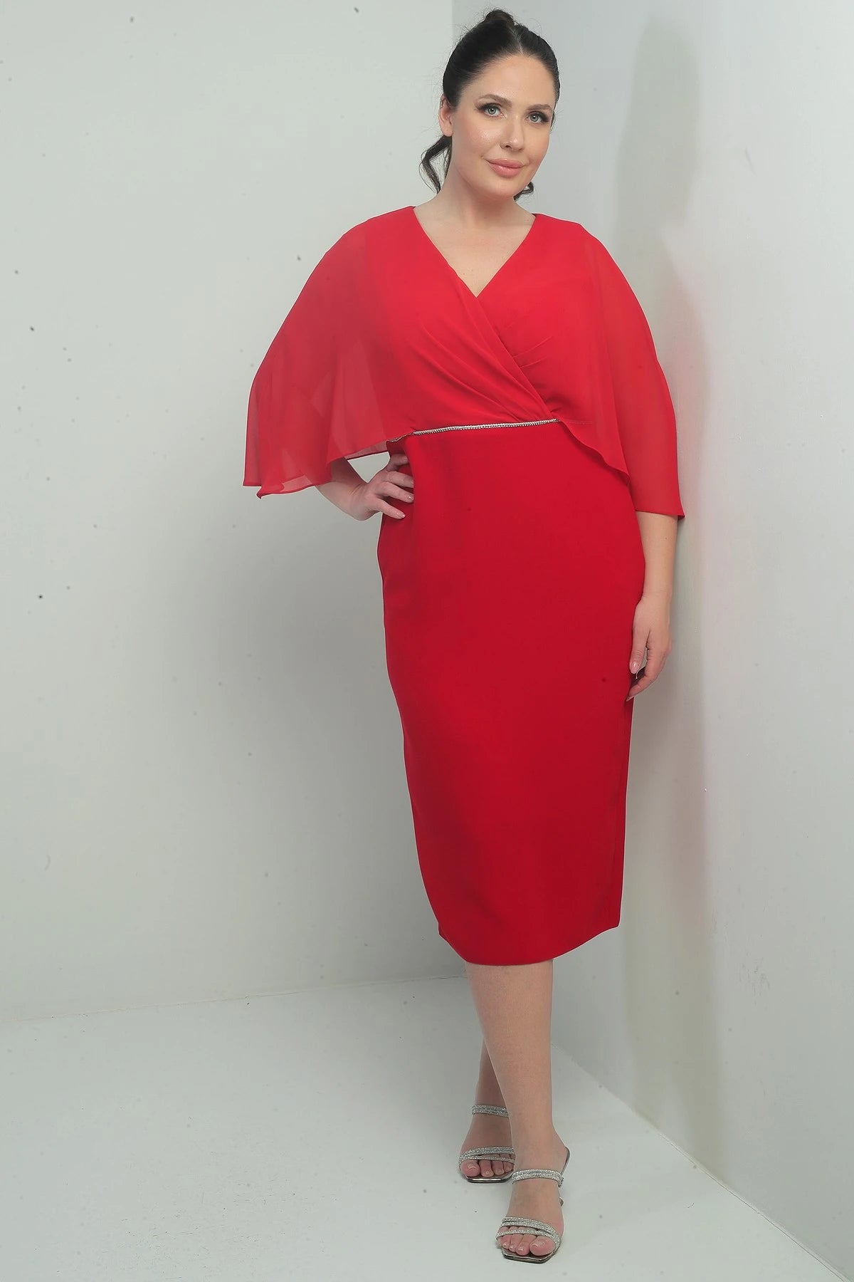 Image of Women's V-Neck Chiffon Draped Lined Plus Size Crepe Midi Dress with Embellished Waist