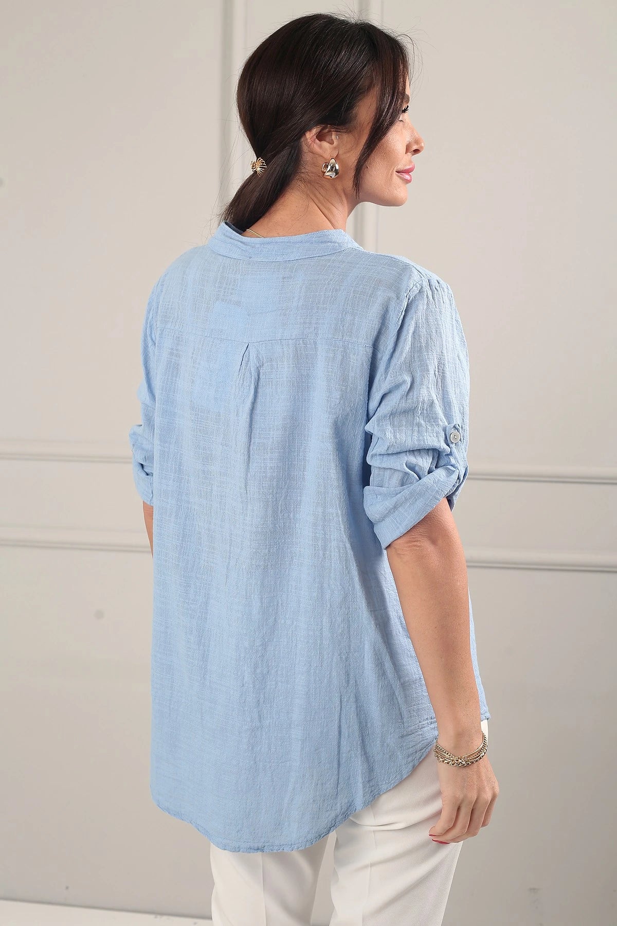 Image of Women's Oversize Imported Linen Shirt with Sequin Details and Single Pocket