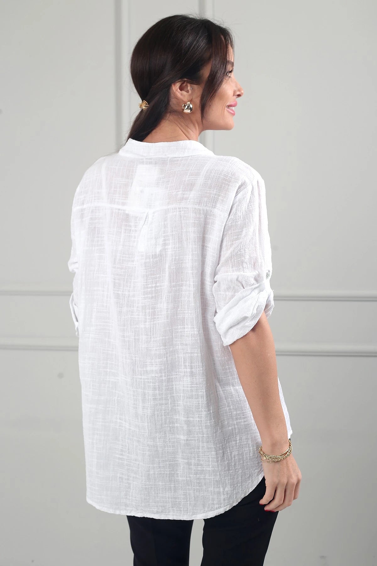 Image of Women's Oversize Imported Linen Shirt with Sequin Details and Single Pocket