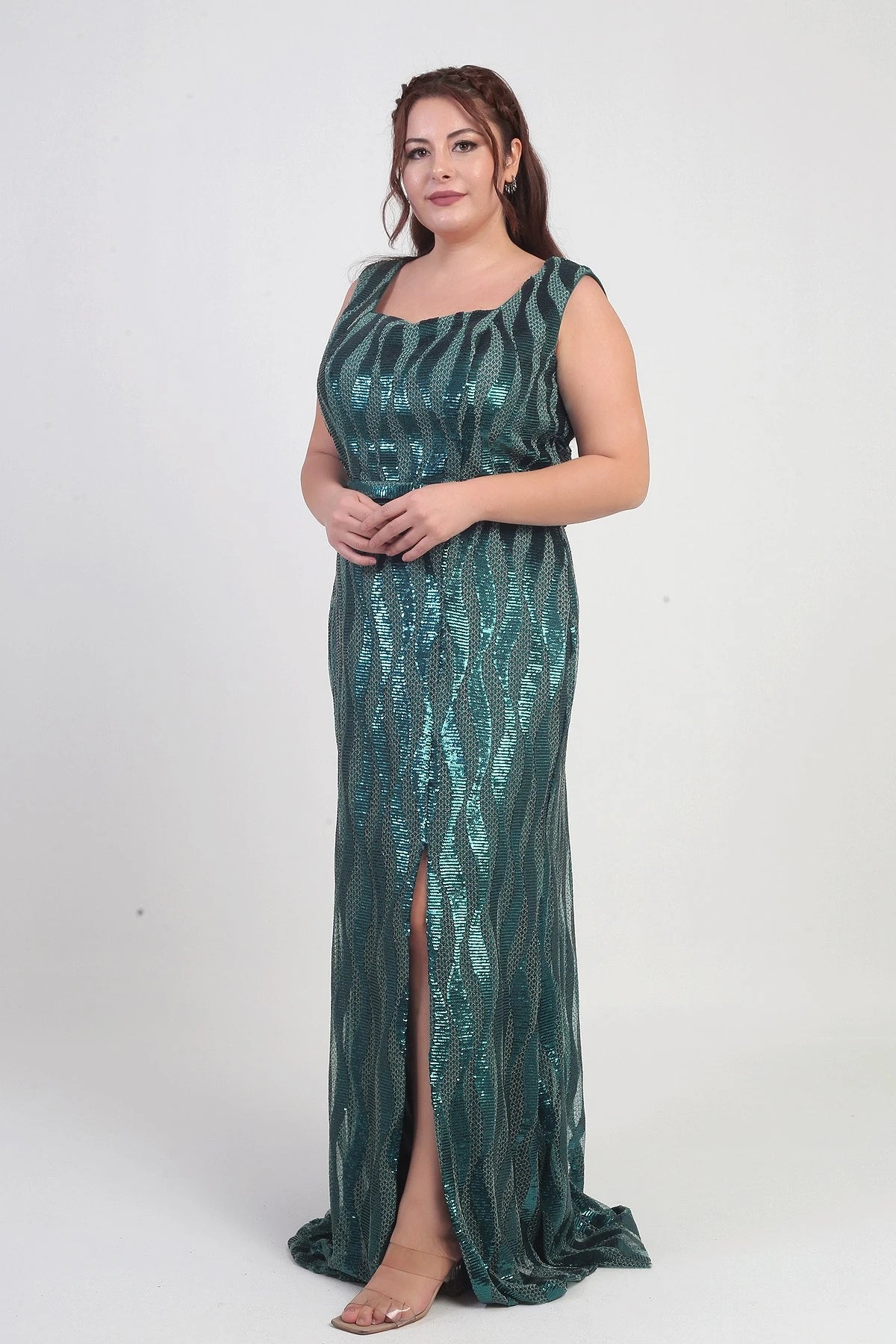 Image of Women's Square Neck Lined Sequin Plus Size Long Dress