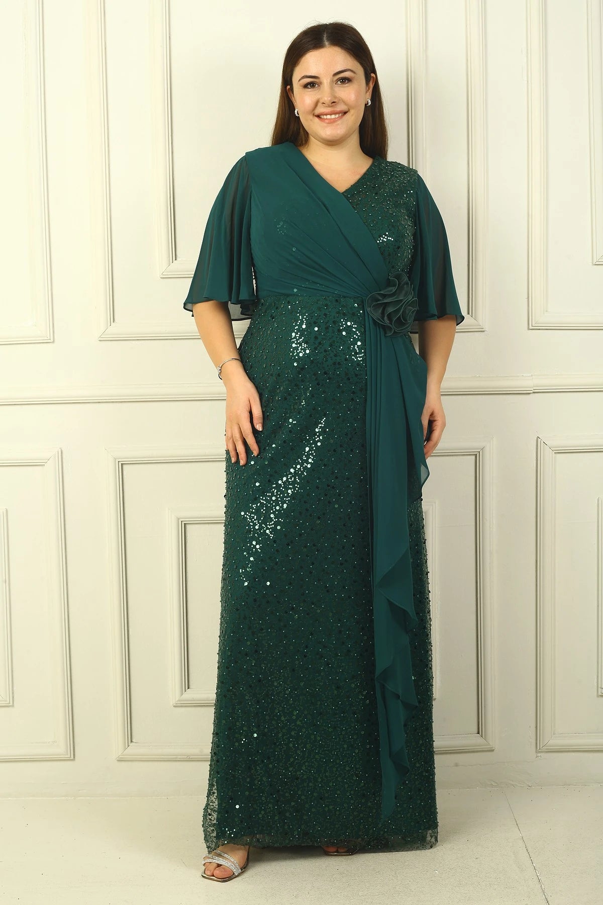 Image of Women's Beaded and Sequined Chiffon Lined Long BB Dress