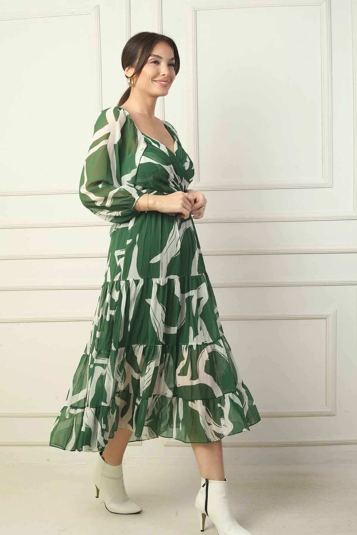 Image of Madonna Neckline Lined Cross-Tie Abstract Pattern Wrap Chiffon Dress
