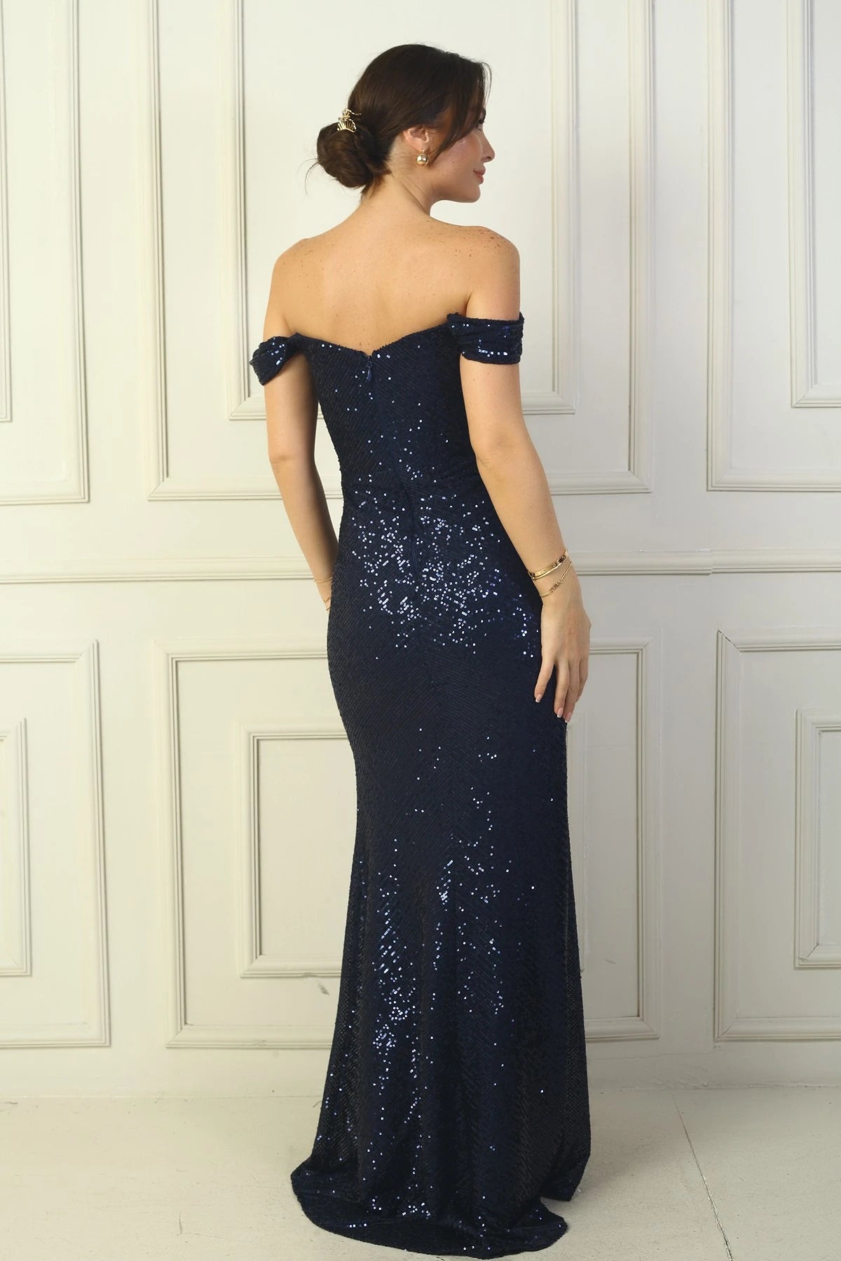 Image of Thick-strapped, lined, ruched front sequined long dress