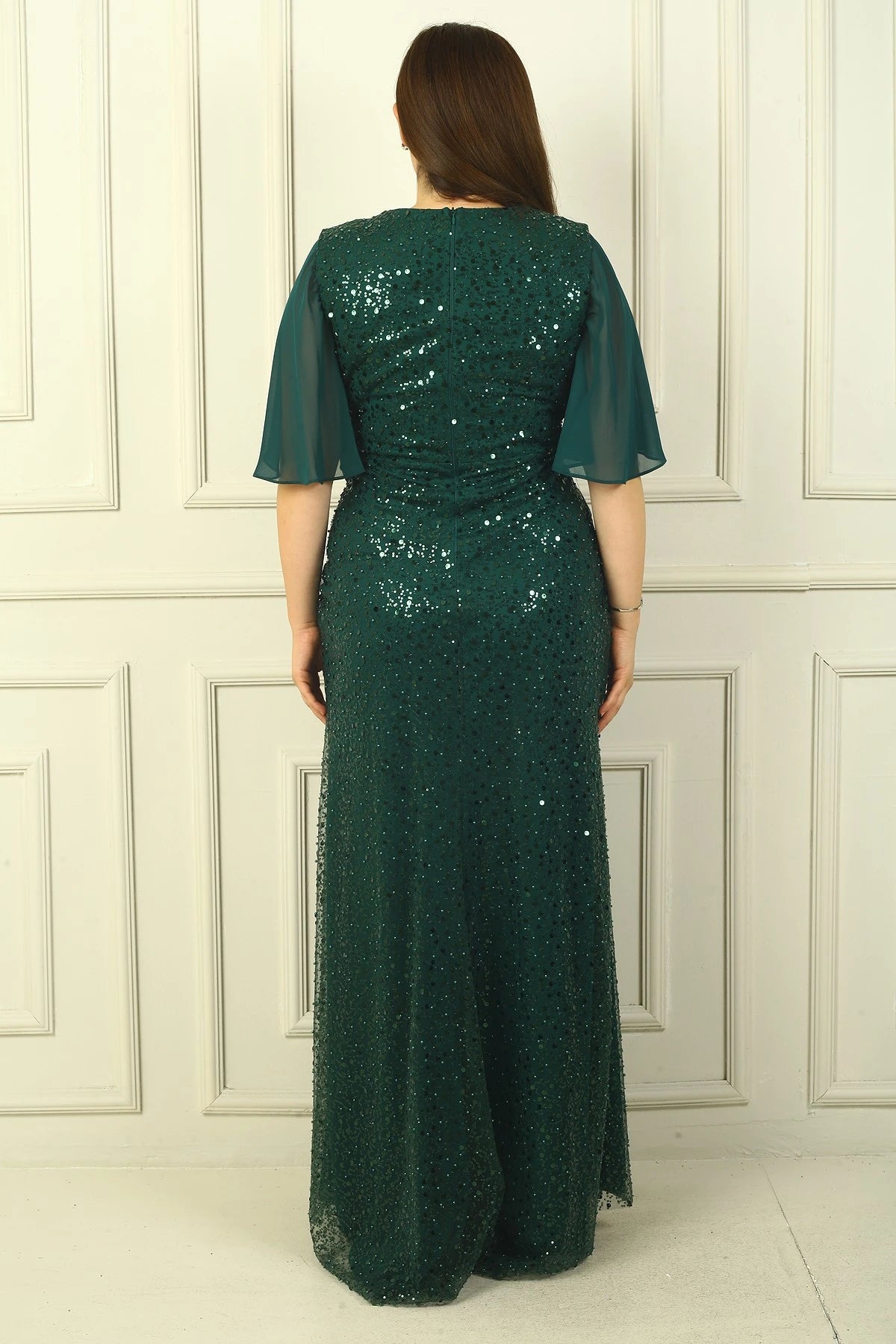Image of Women's Beaded and Sequined Chiffon Lined Long BB Dress