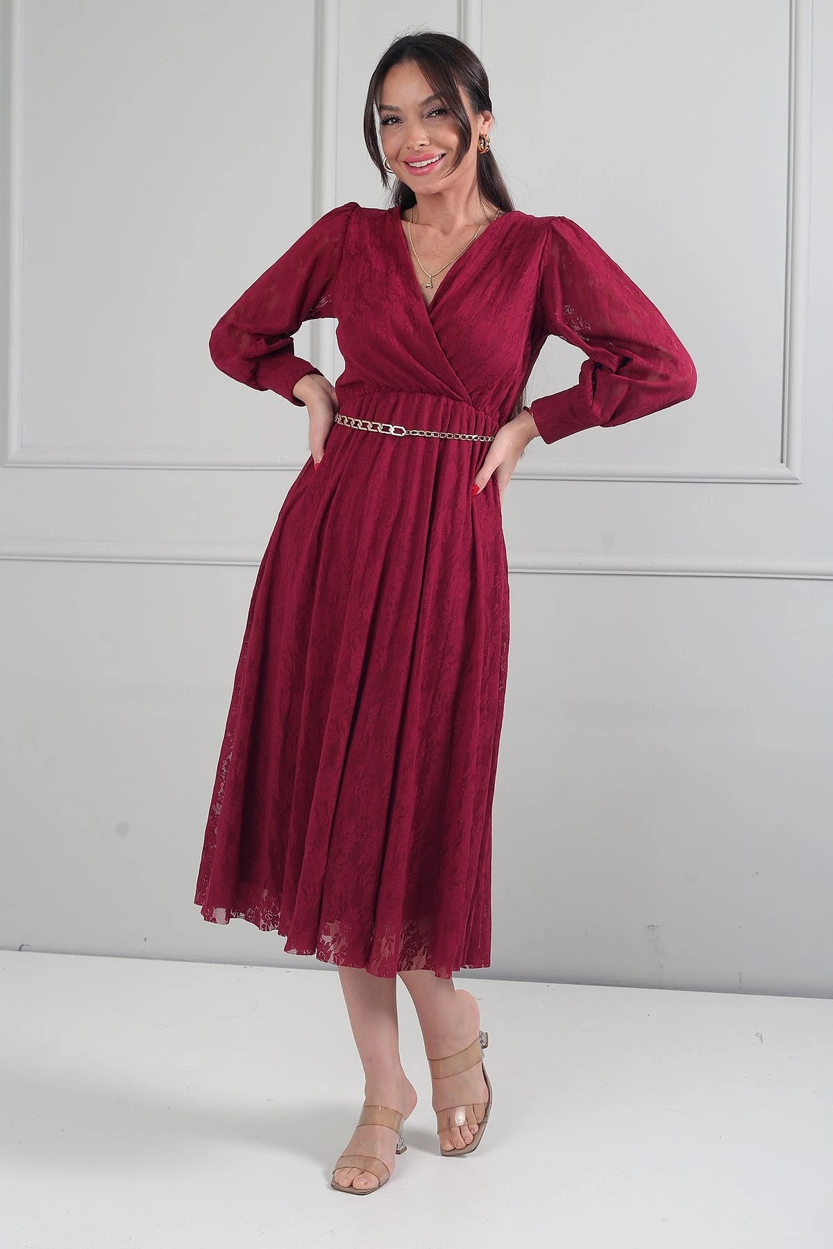Image of Rochie midi din dantelă cu mânecă lungă și căptușeală, cu decolteu înfășurat și decolteu înfășurat pentru femei