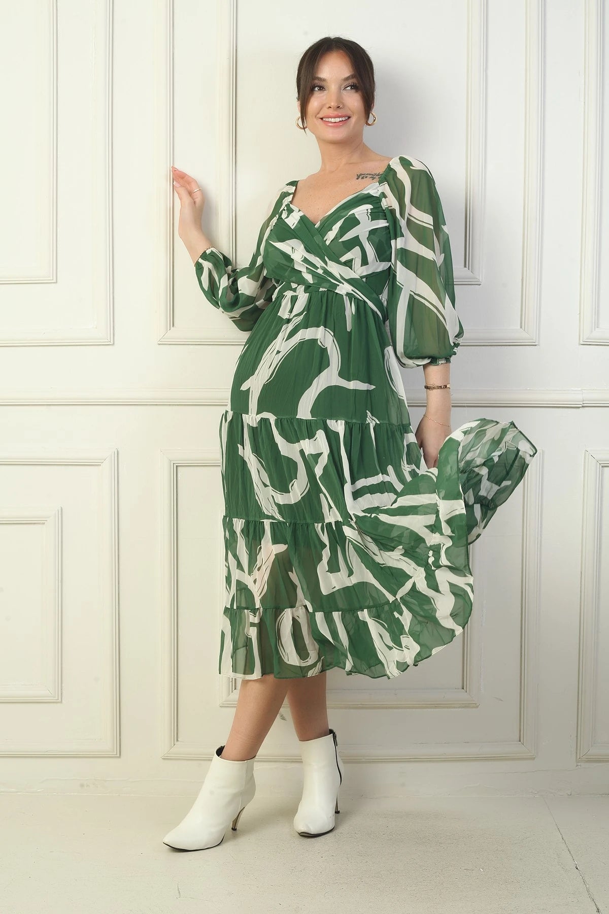 Image of Madonna Neckline Lined Cross-Tie Abstract Pattern Wrap Chiffon Dress