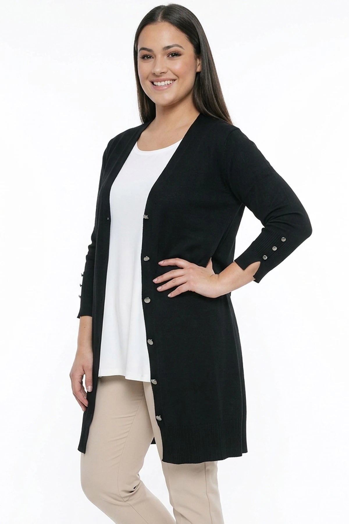 Image of Women's Plus Size Knitted Cardigan with Button Detail on Sleeves