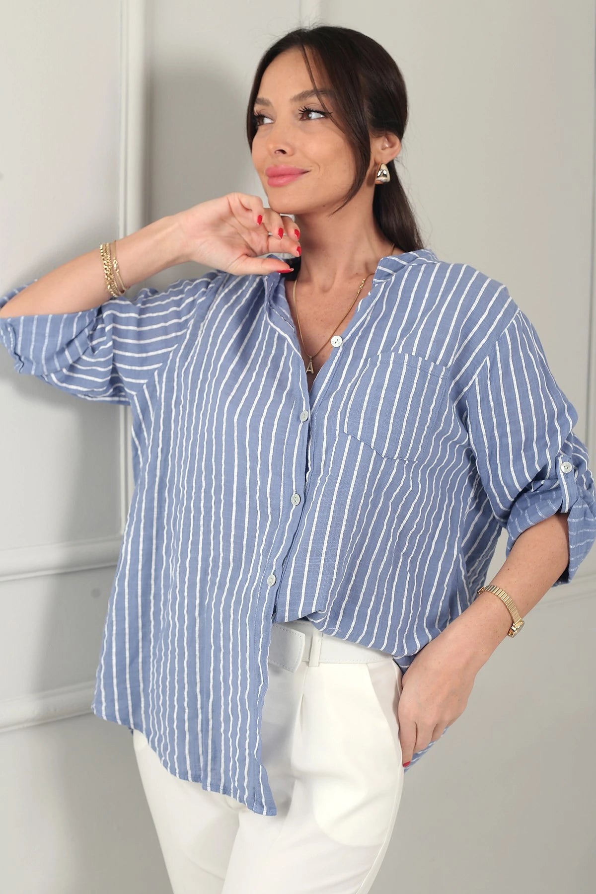 Image of Women's Single Pocket Striped Imported Linen Shirt