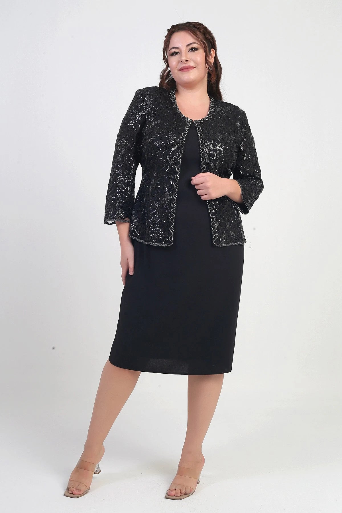 Image of Women's Sequin Embellished Beaded Tulle Jacket, Half-Moon Sleeve Short Dress, Lined Crepe, Plus Size 2-Piece Set