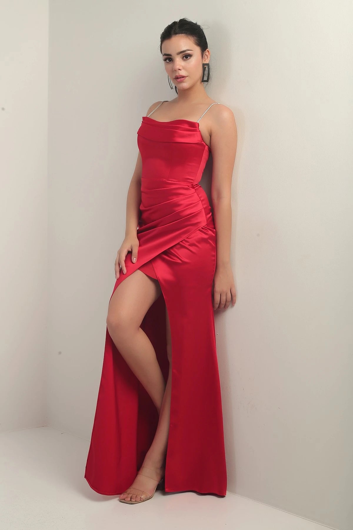 Image of Women's Shiny Strappy Deep Slit Front Gathered Pleated Long Satin Evening Dress