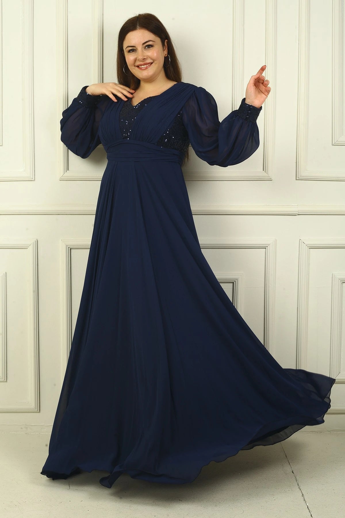 Image of Women's Front and Back V-Neck Sequined Lined Plus Size Long Chiffon Evening Dress